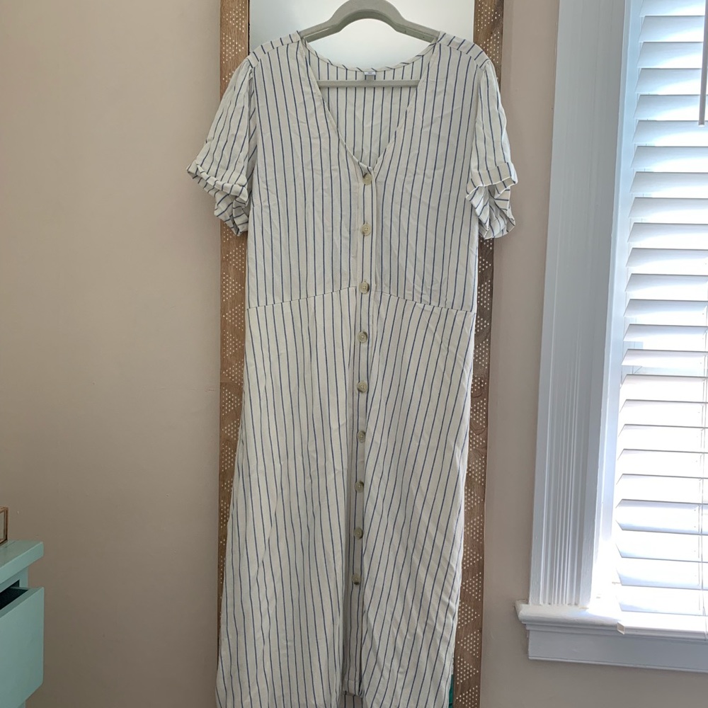 Striped waist-defined button front midi dress